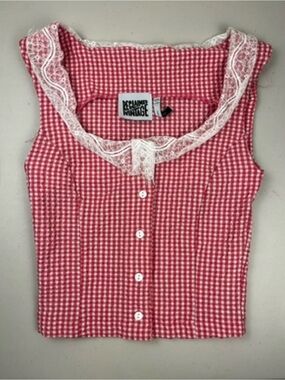 Reclaimed Vintage Red Gingham Crop Top Lace Trim NWOT cottage core size 4